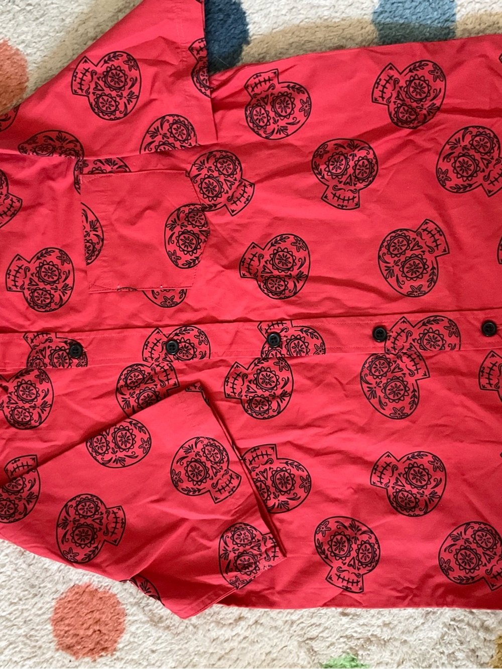 Disney Red Button-Down Shirt with Black Sugar Skull Print